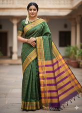 Handloom Pure Cotton 1 Inch Box Star Saree – Bottle Green