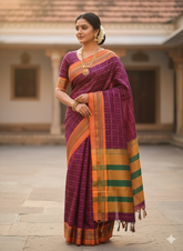 Handloom Pure Cotton 1 Inch Box Star Saree – Purple