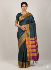 Handloom Pure Cotton 1 Inch Box Star Saree – Peacock Blue