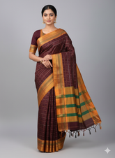 Handloom Pure Cotton 1 Inch Box Star Saree – Maroon