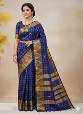 Handloom Cotton Chettinad Sinduchecks Butta Saree - Blue