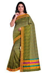 Handloom Pure Cotton Silk Diamond Star Zari Border - Green