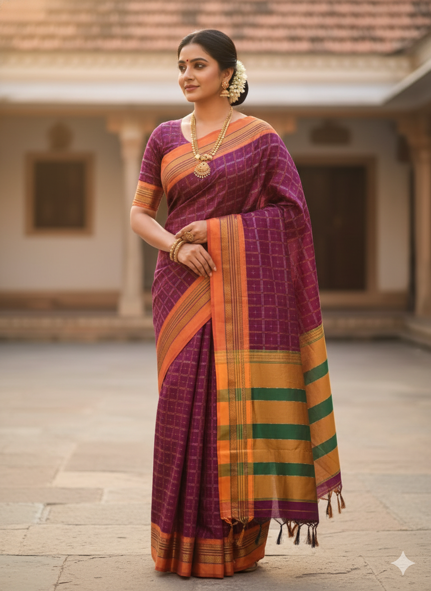 Handloom Pure Cotton 1 Inch Box Star Saree – Purple