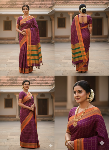 Handloom Pure Cotton 1 Inch Box Star Saree – Purple