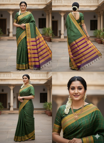 Handloom Pure Cotton 1 Inch Box Star Saree – Bottle Green