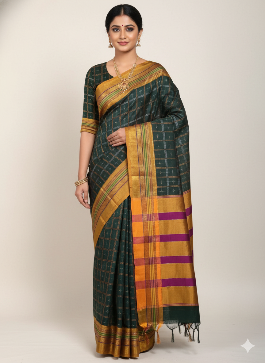 Handloom Pure Cotton 1 Inch Box Star Saree – Dark Green
