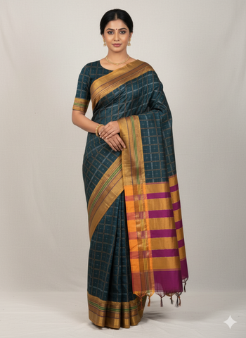 Handloom Pure Cotton 1 Inch Box Star Saree – Peacock Blue