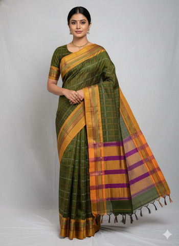 Handloom Pure Cotton 1 Inch Box Star Saree – Olive Green