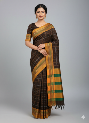Handloom Pure Cotton 1 Inch Box Star Saree – Dark Brown