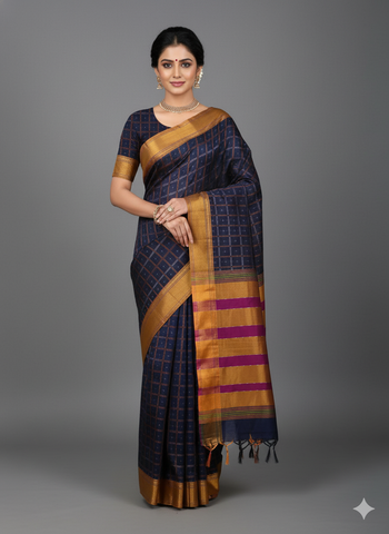 Handloom Pure Cotton 1 Inch Box Star Saree – Royal Blue