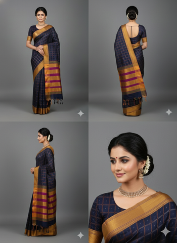 Handloom Pure Cotton 1 Inch Box Star Saree – Royal Blue