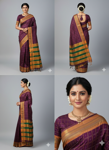 Handloom Pure Cotton 1 Inch Box Star Saree – Magenta Purple
