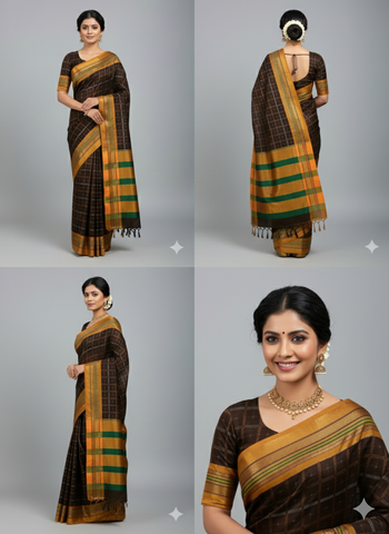 Handloom Pure Cotton 1 Inch Box Star Saree – Maroon