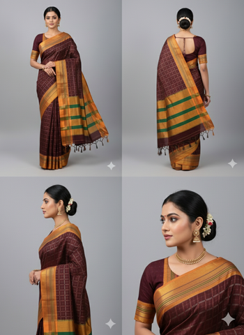 Handloom Pure Cotton 1 Inch Box Star Saree – Dark Brown