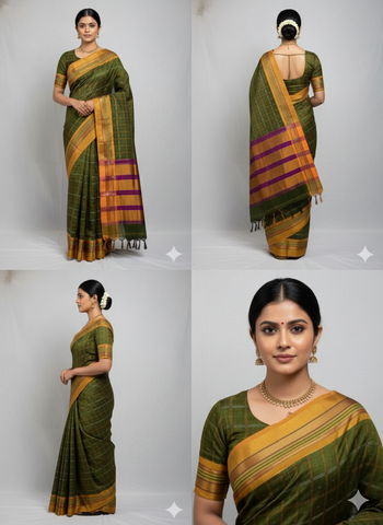 Handloom Pure Cotton 1 Inch Box Star Saree – Olive Green