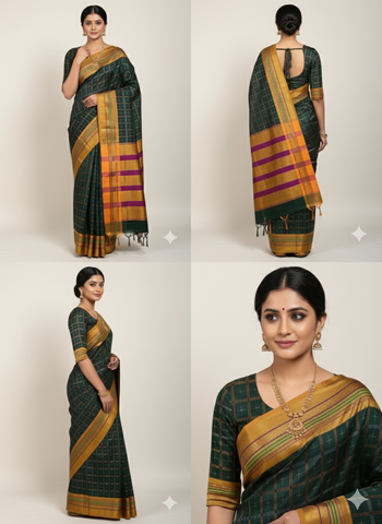 Handloom Pure Cotton 1 Inch Box Star Saree – Dark Green