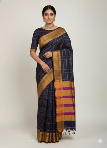 Handloom Pure Cotton 1 Inch Box Star Saree – Navy Blue