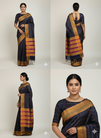 Handloom Pure Cotton 1 Inch Box Star Saree – Navy Blue