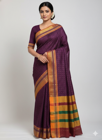 Handloom Pure Cotton Half Inch Box Star Saree - Maroon