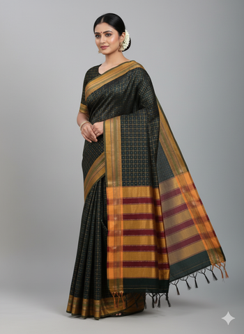 Handloom Pure Cotton Half Inch Box Star Saree - Dark Grey