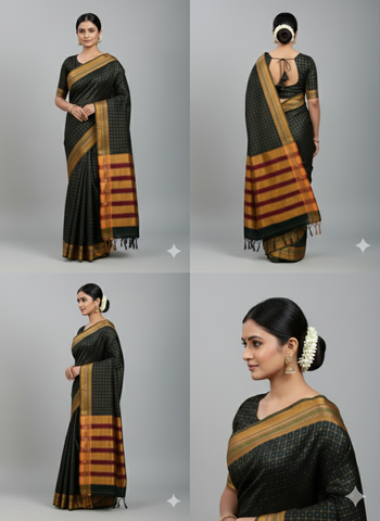 Handloom Pure Cotton Half Inch Box Star Saree - Dark Grey
