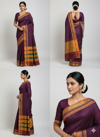 Handloom Pure Cotton Half Inch Box Star Saree - Maroon