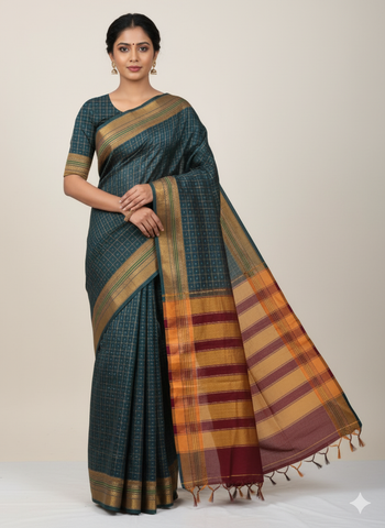 Handloom Pure Cotton Half Inch Box Star Saree - Dark Green