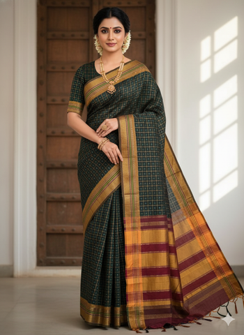 Handloom Pure Cotton Half Inch Box Star Saree - Dark Grey