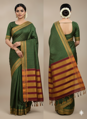 Handloom Pure Cotton Half Inch Box Star Saree - Light Green