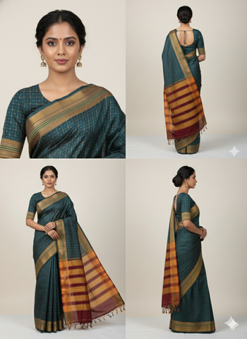 Handloom Pure Cotton Half Inch Box Star Saree - Dark Green