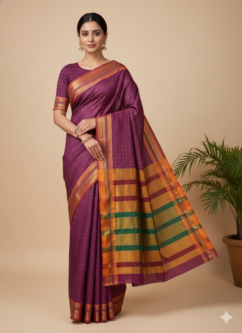 Handloom Pure Cotton Half Inch Box Star Saree - Pink