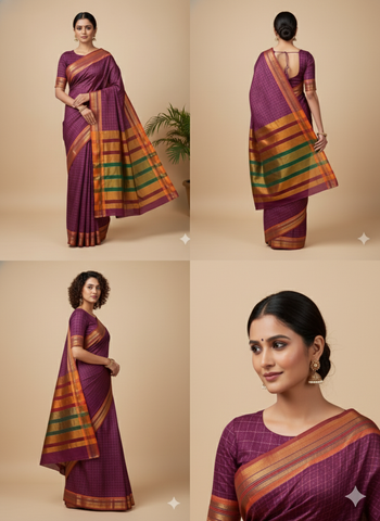 Handloom Pure Cotton Half Inch Box Star Saree - Pink