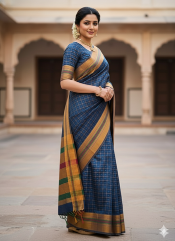 Handloom Pure Cotton Half Inch Box Star Saree - Blue