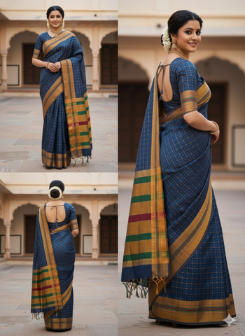 Handloom Pure Cotton Half Inch Box Star Saree - Blue