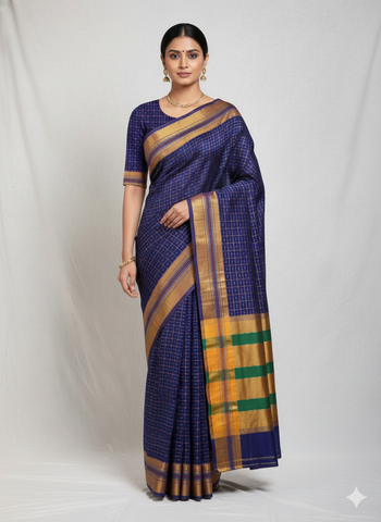 Handloom Pure Cotton Half Inch Box Star Saree - Purple