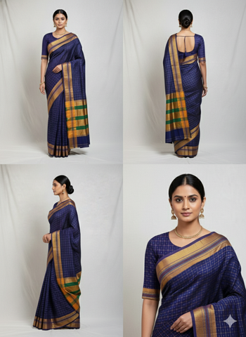Handloom Pure Cotton Half Inch Box Star Saree - Purple