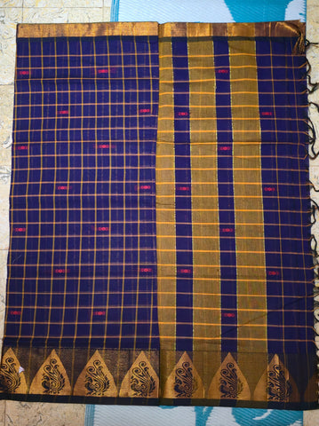 Handloom Cotton Chettinad Sinduchecks Butta Saree - Blue