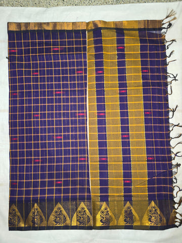 Handloom Cotton Chettinad Sinduchecks Butta Saree - Blue
