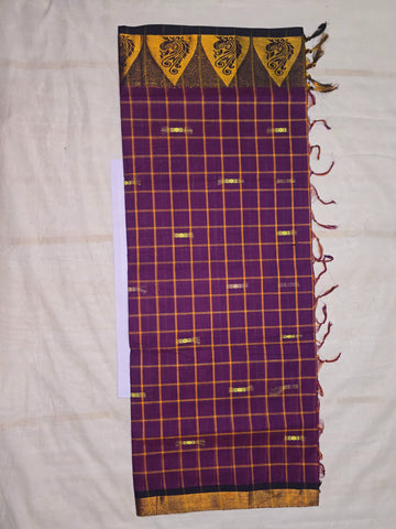 Handloom Cotton Chettinad Sinduchecks Butta Saree - Deep Violet