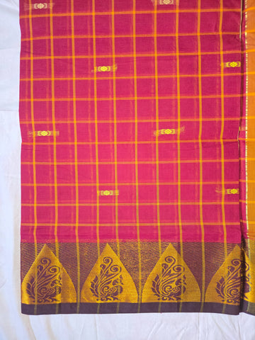 Handloom Cotton Chettinad Sinduchecks Butta Saree - Magenta