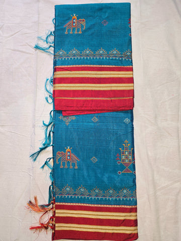 Handloom Cotton Silk Kasuti Work Ilkal Saree - Aqua Blue