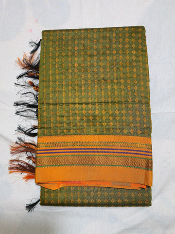 Handloom Pure Cotton Silk Diamond Star Zari Border - Green