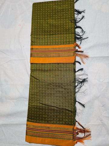 Handloom Pure Cotton Silk Diamond Star Zari Border - Green