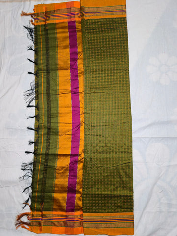 Handloom Pure Cotton Silk Diamond Star Zari Border - Green