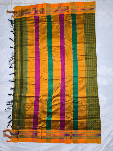 Handloom Pure Cotton Silk Diamond Star Zari Border - Green