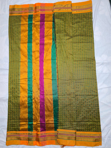 Handloom Pure Cotton Silk Diamond Star Zari Border - Green
