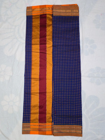 Handloom Pure Cotton Silk Diamond Star Zari Border Saree - Navy Blue