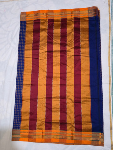 Handloom Pure Cotton Silk Diamond Star Zari Border Saree - Navy Blue