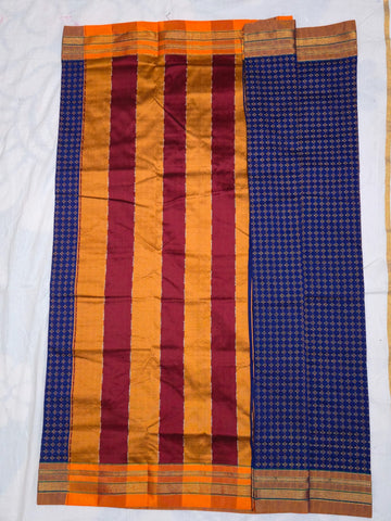 Handloom Pure Cotton Silk Diamond Star Zari Border Saree - Navy Blue