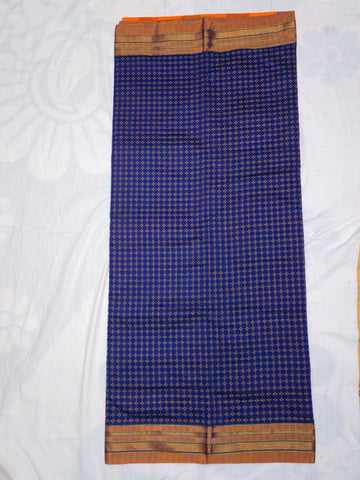 Handloom Pure Cotton Silk Diamond Star Zari Border Saree - Navy Blue